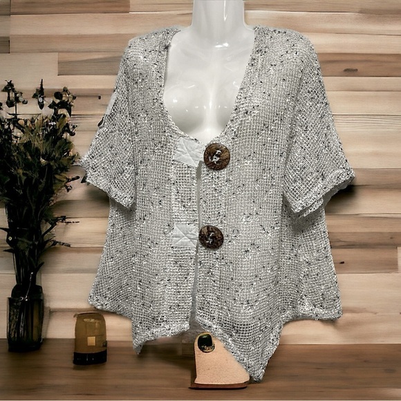 Frazzle  Open Knit Asymmetrical Hem 2 Button Cardigan Size L White Black - Picture 1 of 7